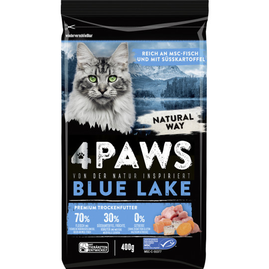 4 Paws Blue Lake Premium Trockenfutter reich an MSC Fisch mit Süsskartoffel  400G